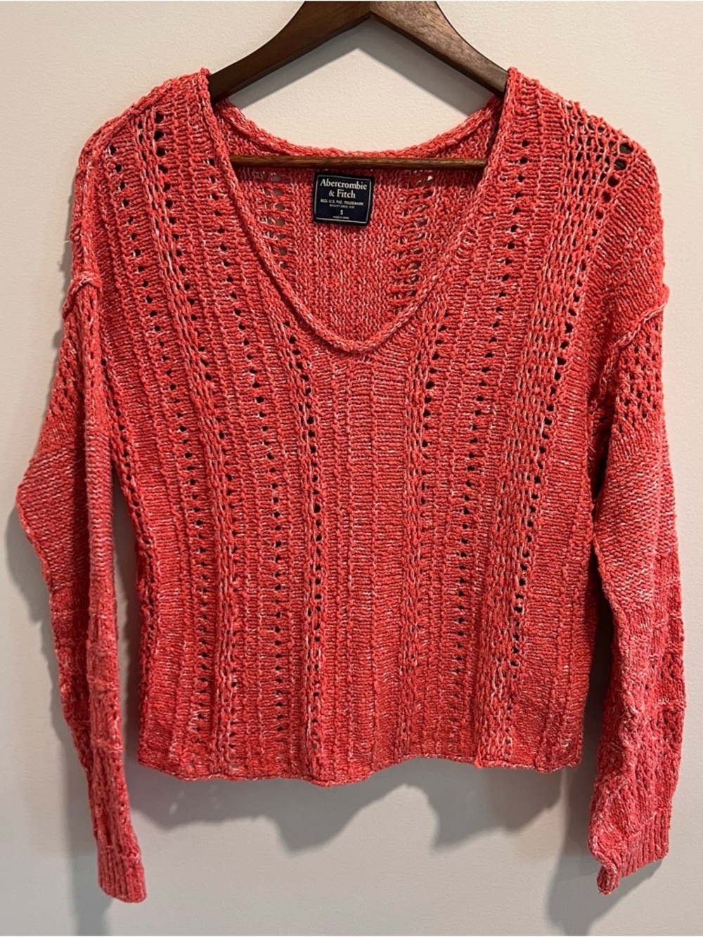 Abercrombie & Fitch Women's Coral Open-Stitch V-Neck Sweater